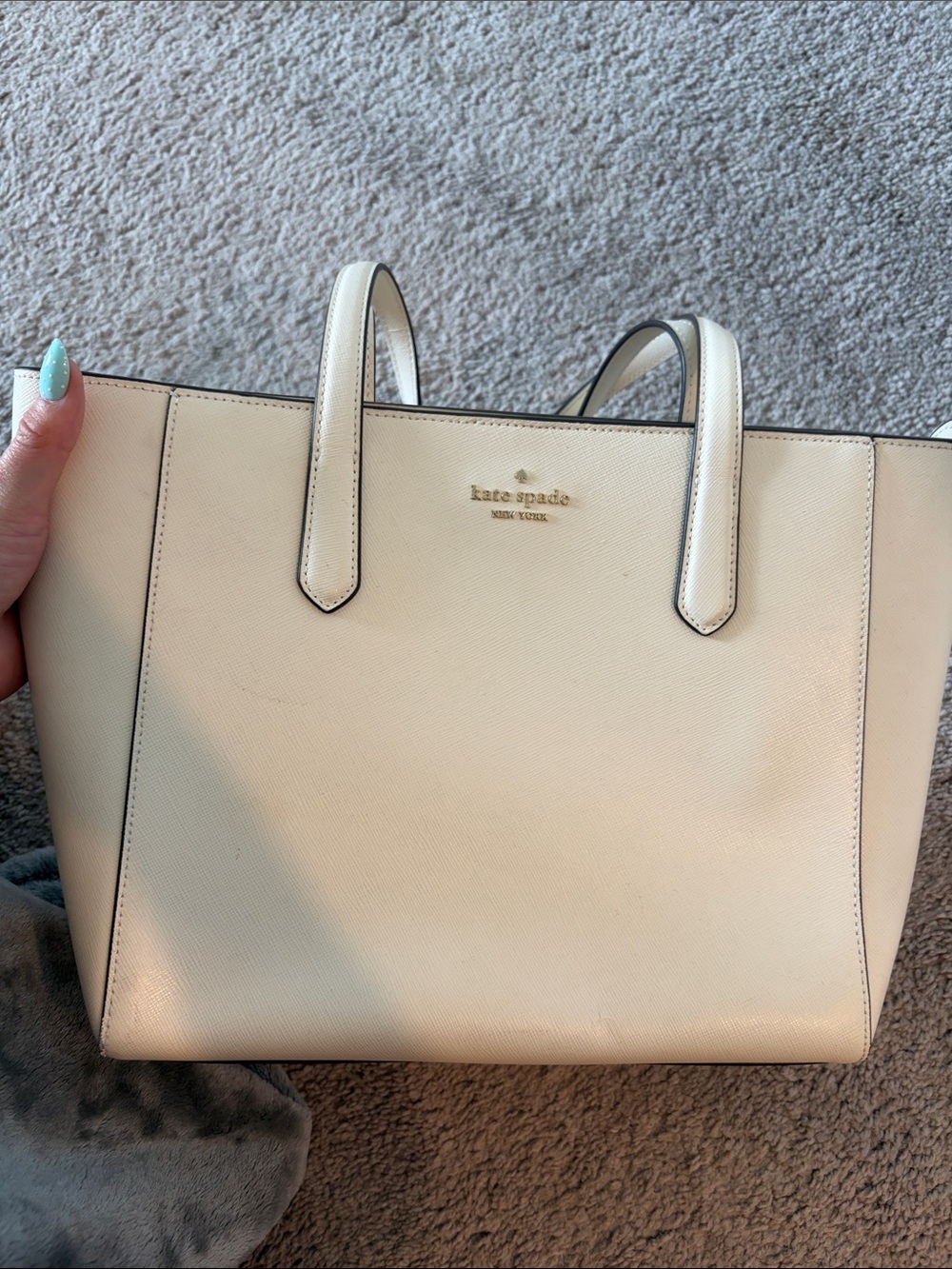 kate spade Cream Saffiano Leather Tote with Gold Logo